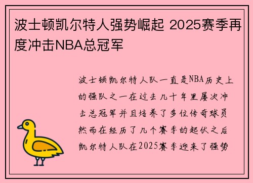 波士顿凯尔特人强势崛起 2025赛季再度冲击NBA总冠军