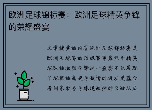 欧洲足球锦标赛：欧洲足球精英争锋的荣耀盛宴