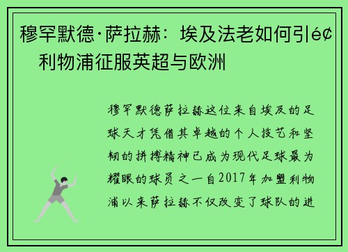 穆罕默德·萨拉赫:埃及法老如何引领利物浦征服英超与欧洲 穆罕默德·萨拉赫:埃及法老如何引领利物浦征服英超与欧洲